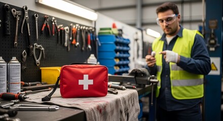 Injured Worker with First Aid Kit in Workshop Safety Glasses and Protective Vest Workplace Accident and Healthcare