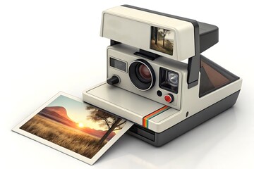 Vintage Instant Camera with Photo Print Isolated on Transparent Background for Retro Photography, Memory, and Analog Media Design Projects