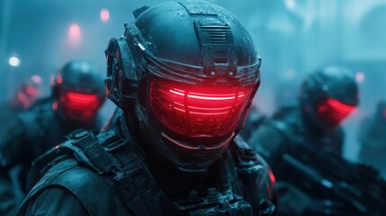 A group of futuristic soldiers clad in advanced armor and glowing helmets, ready for a high-stakes mission, capturing the essence of sci-fi action and teamwork.