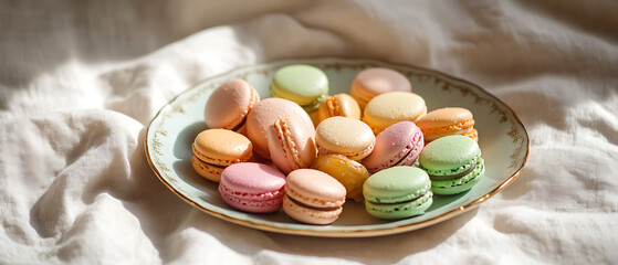 Assorted Colorful Macarons on a Vintage Plate Set Against a Soft Textured Background