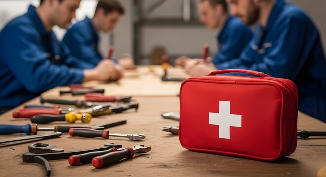 First Aid Kit on Workbench with Mechanics and Tools for Workplace Safety and Emergency Preparedness