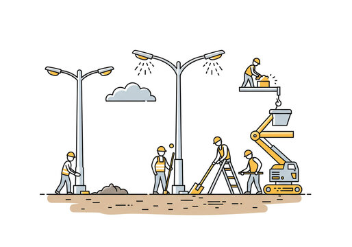 Urban Street Light Installation and Maintenance Crew at Work