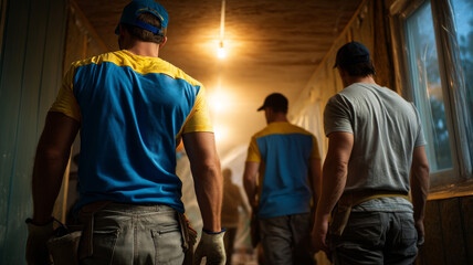 Full Body View of Construction Workers in Blue Shirts Walking Down a Dimly Lit Corridor