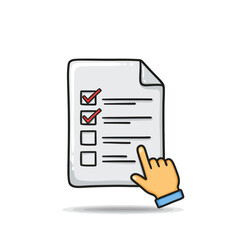 Hand pointing at a digital checklist document indicating completed tasks or selecting options on an online form survey poll or questionnaire isolated graphic element illustration