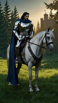 A knight in shining armor on a white horse, set against a castle backdrop. Captured from a low angle, resembling a fantasy video game scene.