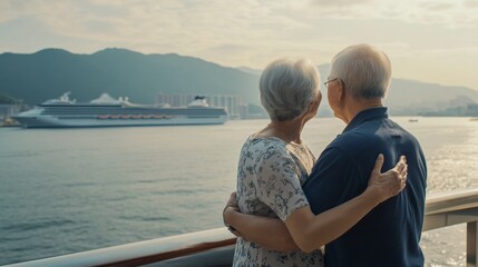 Elderly Couple Embracing at Waterfront With Large Ship In Background