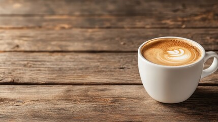 A beautiful cup of coffee with latte art resting on a rustic wooden table, inviting warmth and comfort, while showcasing the artistry involved in crafting a delightful beverage experience.