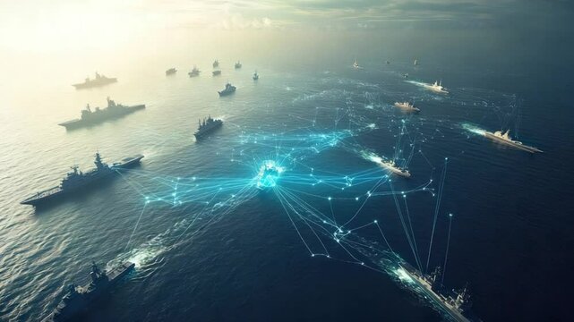 Aerial view of numerous naval vessels on the ocean, connected by a network of digital lines