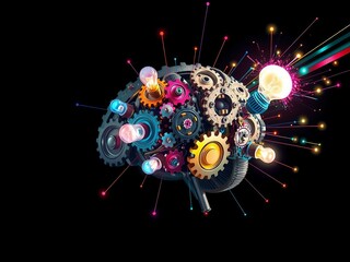 Surreal Abstract Brain Made of Gears and Glowing Bulbs with Light Trails &ndash; Colorful Concept Art Representing Creativity, Innovation, Intelligence, and Imagination on a Dark Background