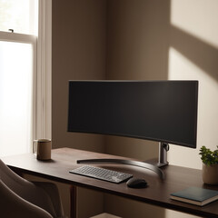a front-facing view of a clean desk with a curved ultra-wide monitor mounted on a sleek monitor arm, set in a tidy and minimal room, background in muted brown tones