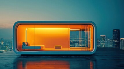 A futuristic, sleek, orange and blue pod-like structure with a glass wall, situated on a rooftop with a cityscape in the background.