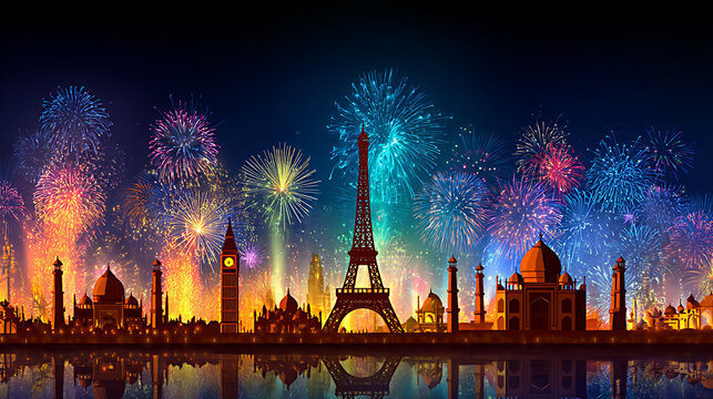 Happy New Year, holiday greeting card, New Year's card - 2026 in Bengali stars font and pyrotechnic fireworks isolated on black night sky