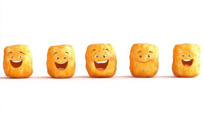 Five Golden Square Potato Snacks with Happy Faces Illustration