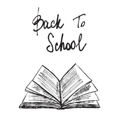 Opened book as a symbol of September the 1st. Back to school concept in black brush stroke texture isolated on white. Hand drawn vector sketch illustration in vintage charcoal ink