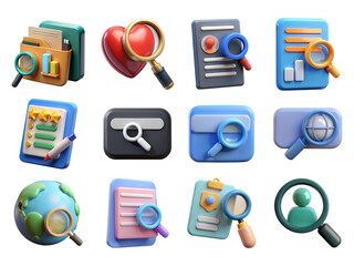 3d realistic search icons pack isolated on transparent background
