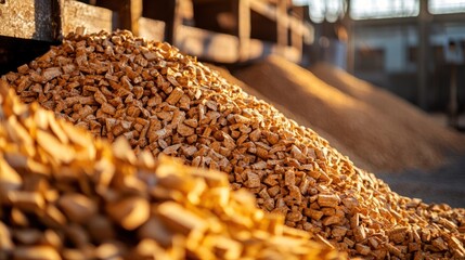 Obraz premium A pile of wood pellets in a warehouse with a blurred industrial background.