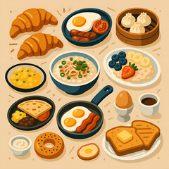 A diverse collection of cartoon food icons, including pizza, cake, fruit, and sushi, perfect for restaurant menus and meal illustrations