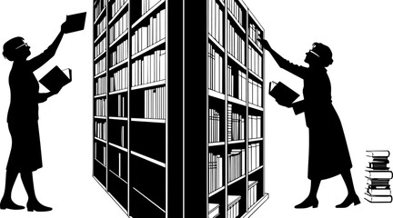 Silhouettes of Librarians or Students Placing Books on a Bookshelf, Depicting Education and Knowledge © Rezowan 