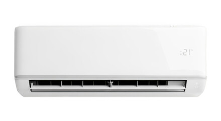 Modern white split system air conditioner unit displaying 21 degrees celsius isolated on transparent background