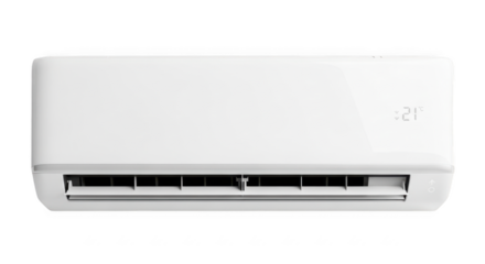 Modern white split system air conditioner unit displaying 21 degrees celsius isolated on transparent background