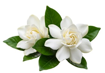 Two white gardenia flowers with green leaves isolated on white background