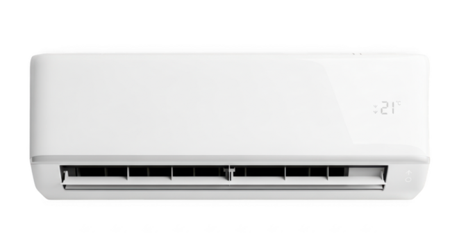 Modern white split system air conditioner unit displaying 21 degrees celsius isolated on transparent background
