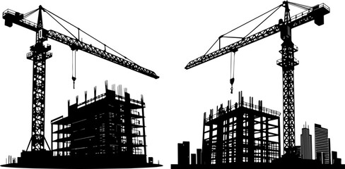 Construction Site with Tower Cranes and Building Structures Silhouettes © Rezowan 