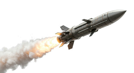 A missile soars through the air during launch, leaving a trail of smoke and flames.