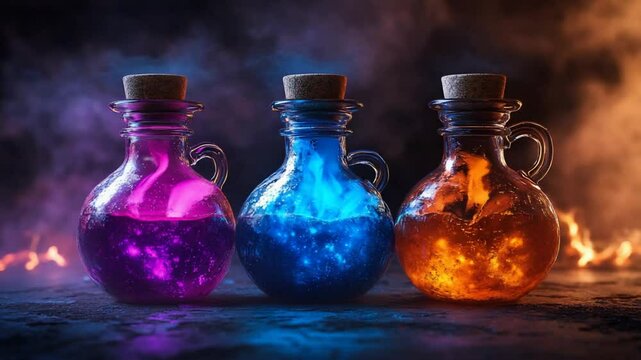 Three glowing potion bottles, each with a different colored liquid, sit on a dark surface