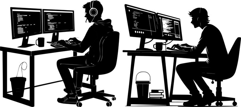 Software Developers Working on Dual Monitors - Coding Silhouette