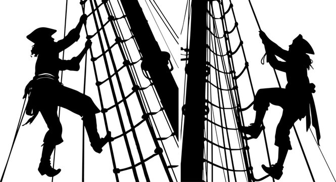 Pirate Climbing Ship Rigging - Adventure and Sea Voyage Silhouette