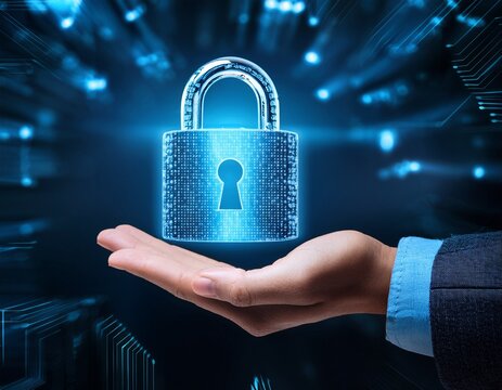digital padlock in hand representing cybersecurity