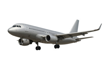 Modern passenger airplane flying on transparent background