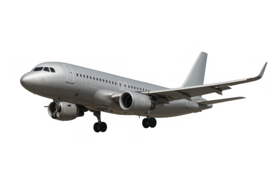 Modern passenger airplane flying on transparent background