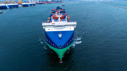 Aerial view from drone, Container ship or cargo shipping business logistic import and export...
