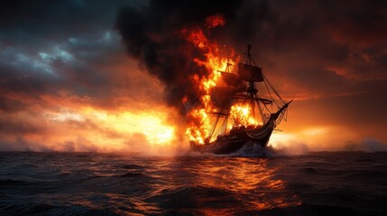 Obraz premium A ship engulfed in flames dramatically contrasts against a vibrant sunset sky, capturing the chaos of disaster and the beauty of nature's fiery palette.