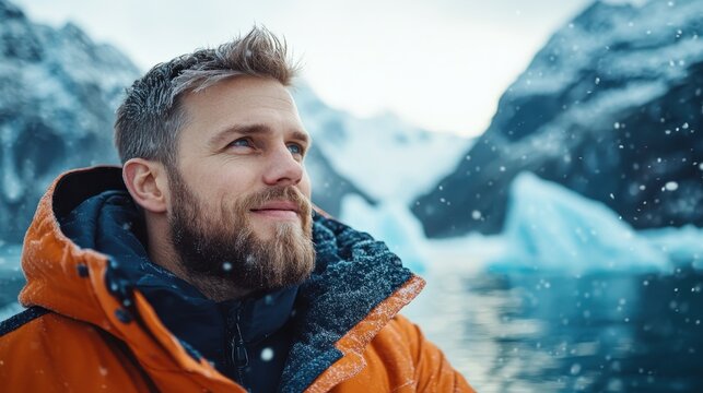 A man enjoying a serene snowy landscape, wearing a bright orange jacket, highlighting the beauty and tranquility of nature in a cold environment.