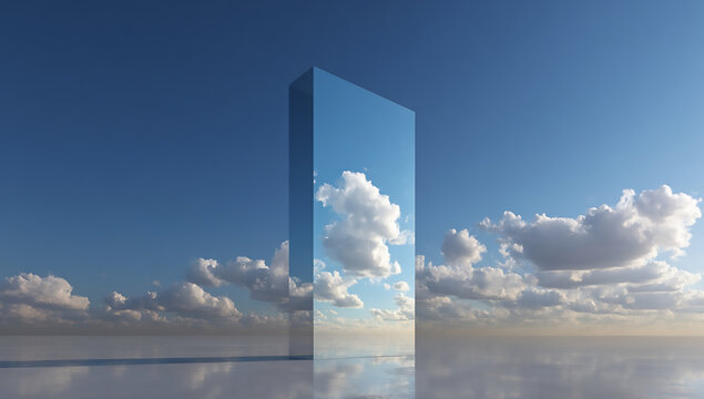Reflective Metallic Monolith Sky Cloudscape Peaceful Horizon Seascape image