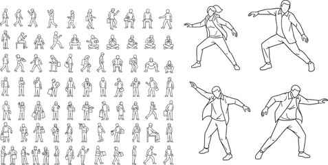 Vector outline business people walking sitting posing, dynamic gesture sketch characters, casual professional poses collection, black line drawing

 flat vector illustration