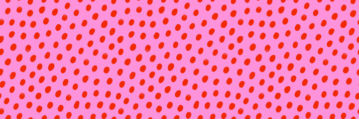 Seamless red dot pattern background on pink. Vector confetti polka dot texture, simple and playful abstract print. Perfect for fabric, wrapping paper, wallpaper, and branding. Drag to swatches panel © ✦ Bizarre Factory ✦