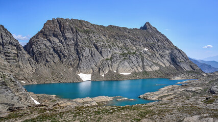 Panoramic view of Lake Marbore in the Pyrenees. In the Ordesa and Monte Perdido Natural Park, Huesca, Aragon, Spain.