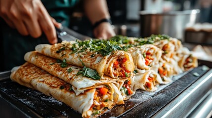 An enticing display of freshly prepared veggie wraps, filled with colorful vegetables and topped with herbs, perfect for a hearty meal or a snack anytime.