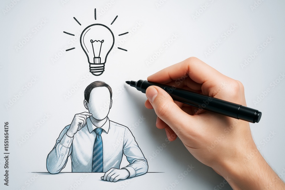 Poster hand drawing faceless business person and light bulb on white background symbolizing creative thinki