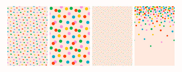 Seamless colorful confetti dot patterns on light background. Playful polka vector backgrounds for kids, fun fabric, wrapping paper, party invites, or branding. Drag to swatches panel to use.