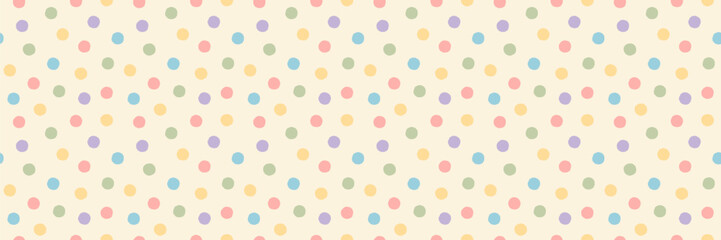Seamless pastel polka dot pattern with soft confetti dots on beige background. Light vector for fabric, nursery decor, kids crafts, wrapping paper. Drag to swatches panel to use