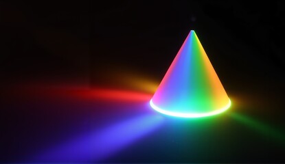 3D rainbow cone with vibrant neon glow on dark background. Colorful geometric shape with spectrum gradient light effect. Modern abstract digital art design.