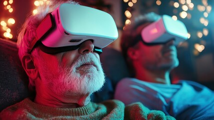 An older couple experiencing the thrill of virtual reality, fully immersed in a digital world, showcasing the evolution of technology and how it connects generations through play.
