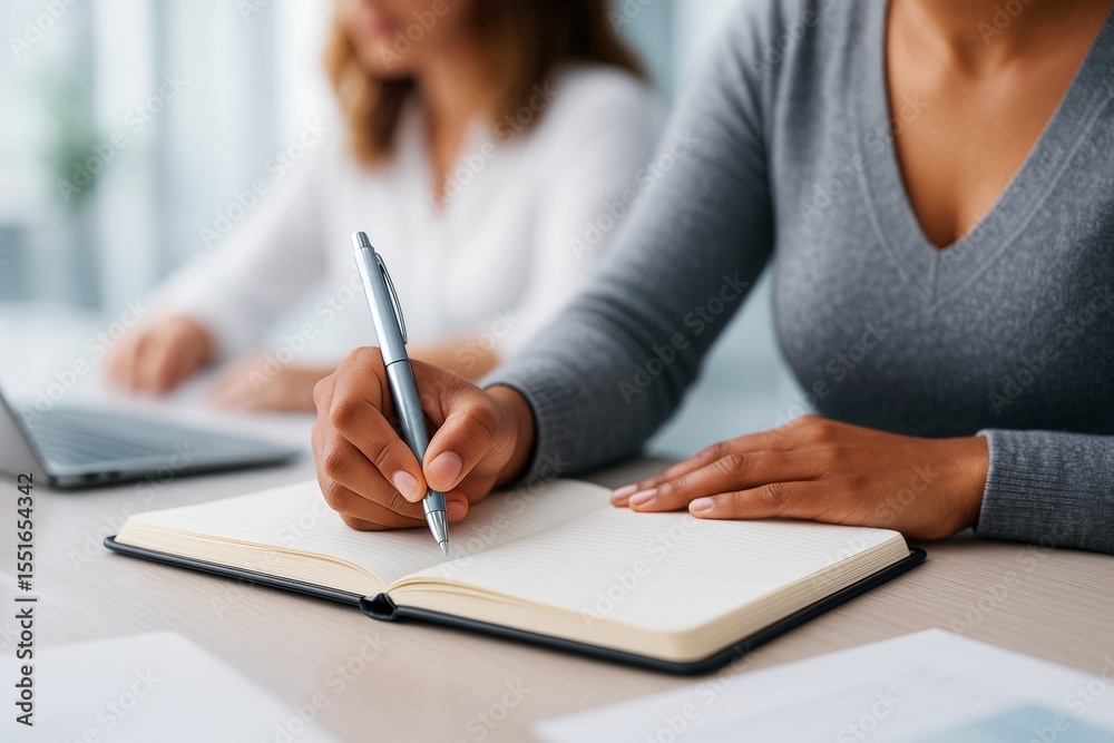 Poster Close-up of woman taking notes in notebook with another person using laptop in background on light office desk. Professional work concept.