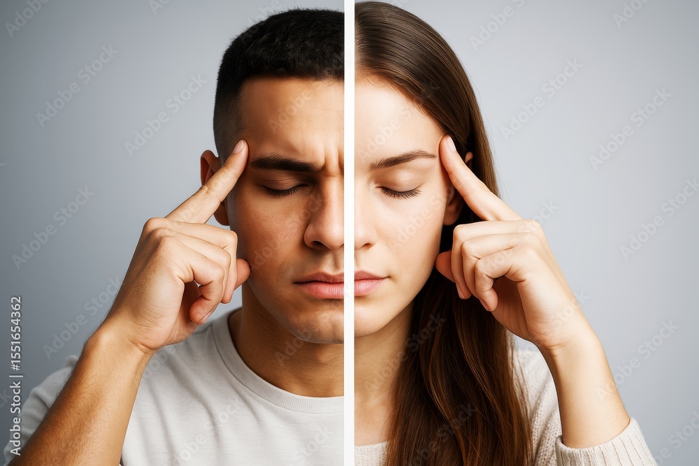 Aufkleber Split image of man and woman touching temples with closed eyes on gray background showing concept of mental focus and gender unity in thought.