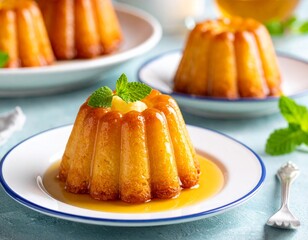 Babas au rhum assortis de crème fraîche et décorés de feuilles de menthe, servis dans de petites assiettes. Generated image